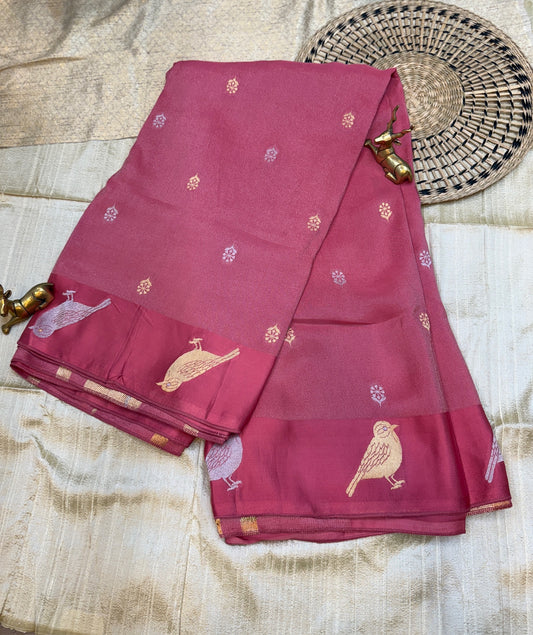 Tissue Satin Silk Saree | Pink with sparrow Butta