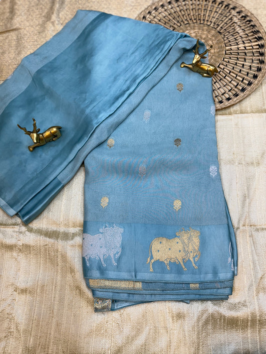 Tissue Satin Silk Saree | Blue with Cow Butta