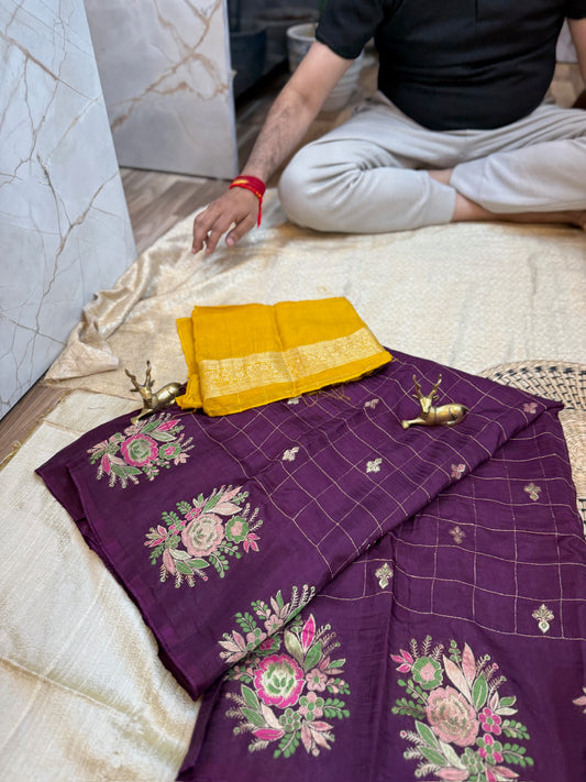 Dola Silk Saree with Floral and Checks Butta | Purple