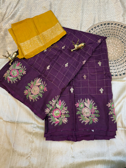 Dola Silk Saree with Floral and Checks Butta | Purple