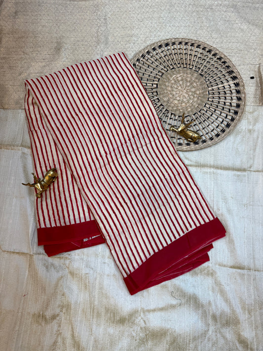 Ajrak Print Modal Silk Saree | Red and White Stripes