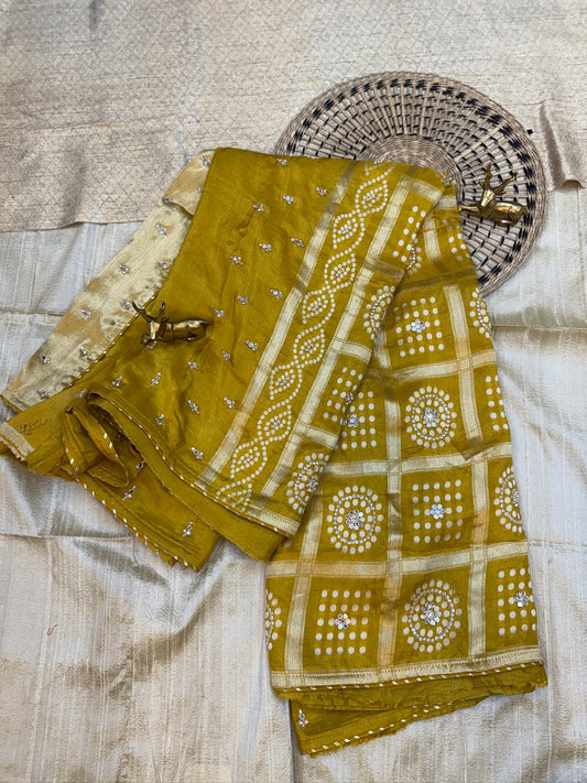 Dola Silk Saree with Mirror Embroidery | Mustard