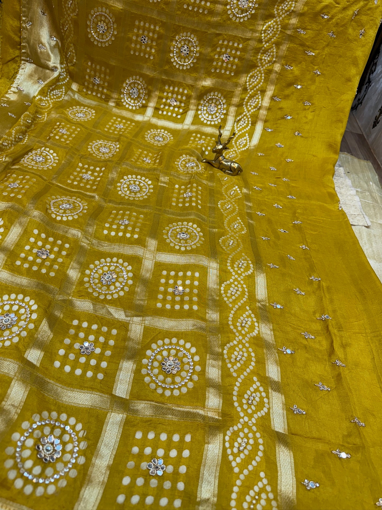 Dola Silk Saree with Mirror Embroidery | Mustard