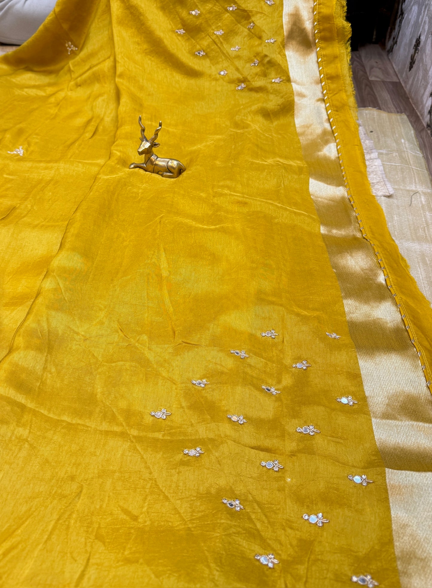 Dola Silk Saree with Mirror Embroidery | Mustard