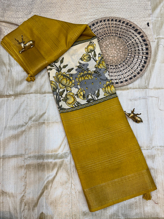 Semi Crepe Silk Saree with 3 Part Digital Print | Mustard