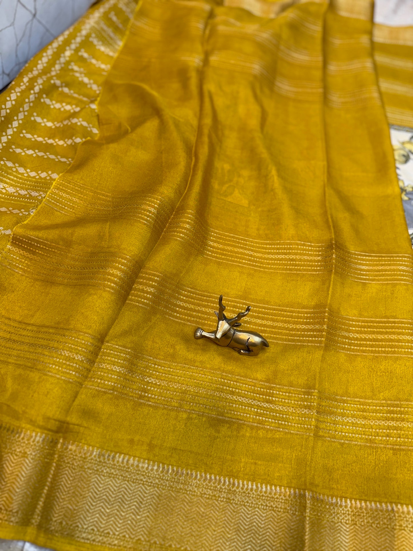 Semi Crepe Silk Saree with 3 Part Digital Print | Mustard