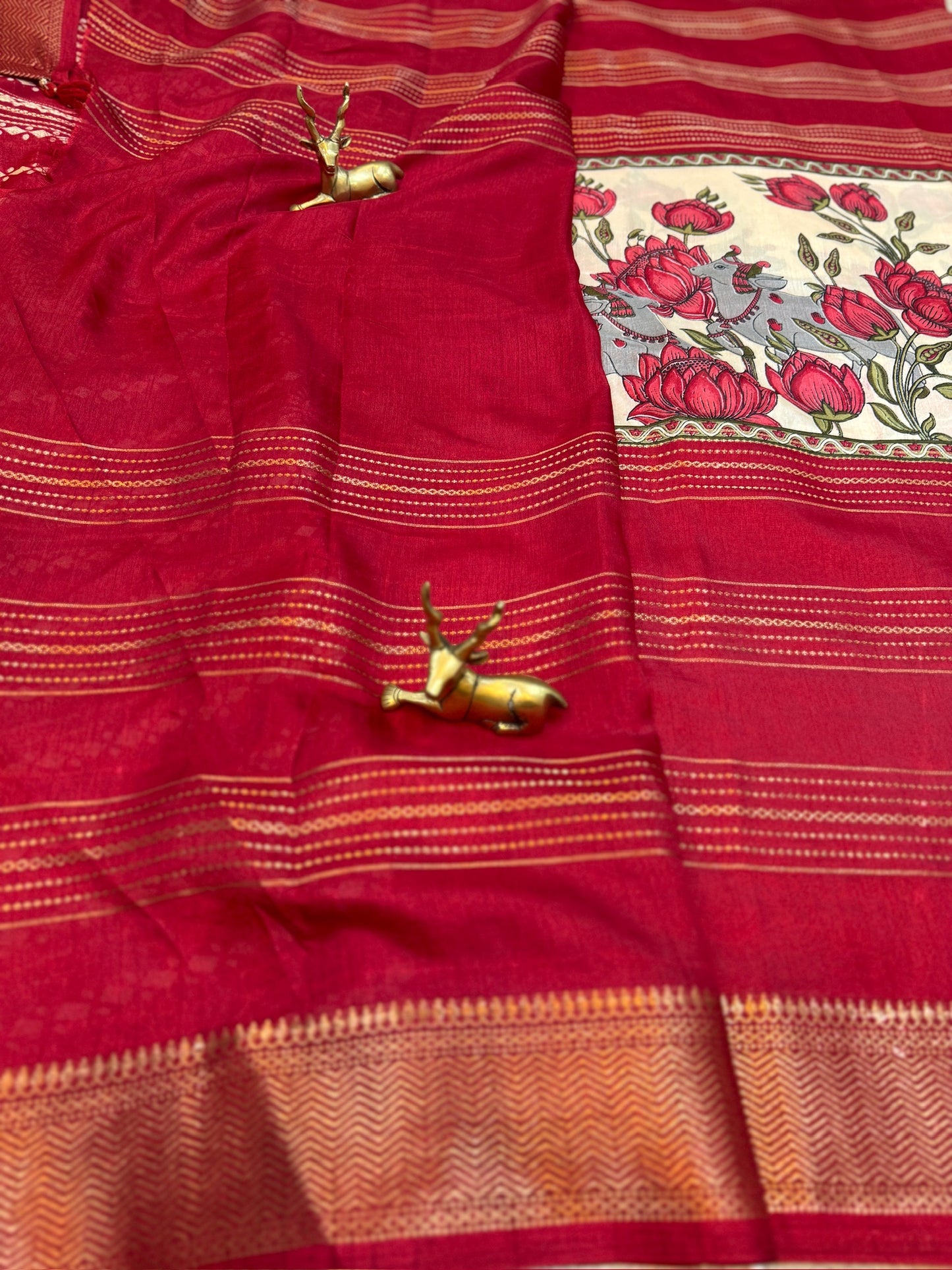 Semi Crepe Silk Saree 3 Part with Digital Print | Red