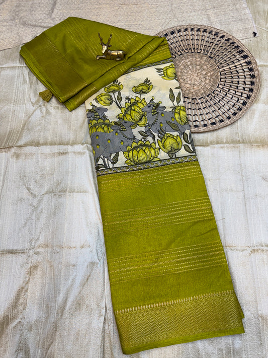 Semi Crepe Silk Saree with 3-Part Digital Print | Green