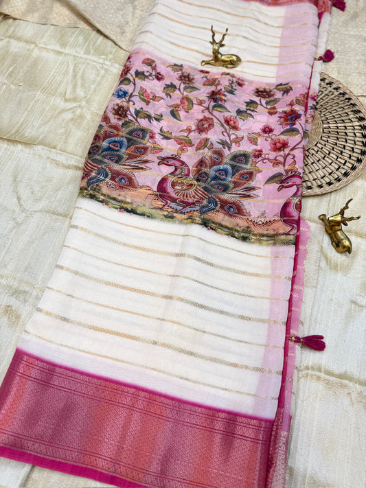 Semi Crepe Silk Saree with 3-part Digital print and Bentex Border | Pink