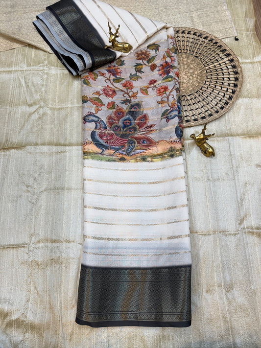 Semi Crepe Silk Saree with 3-part Digital print and Bentex Border | Black