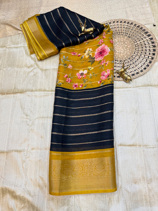 Semi Crepe Silk Saree with 3-part Floral print | Yellow and Black