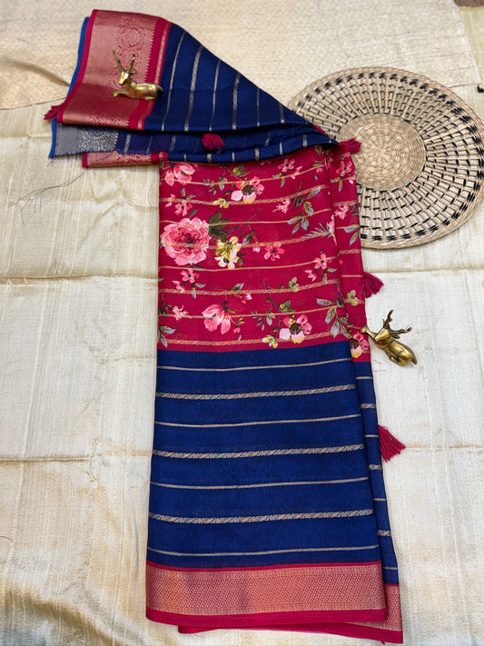 Semi Crepe Silk Saree with 3-part Floral print | Red and Blue