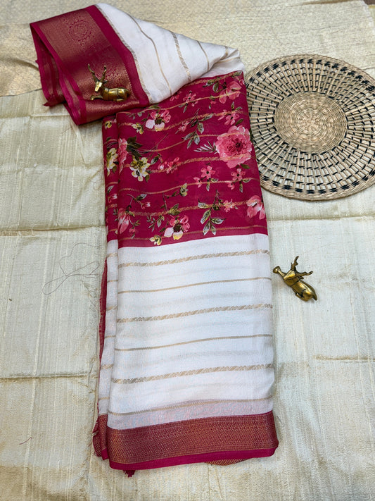 Semi Crepe Silk Saree with 3-part Floral print | Pink And White