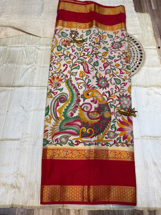 Semi Crepe Silk Saree with Floral and Peacock print |White with Red border