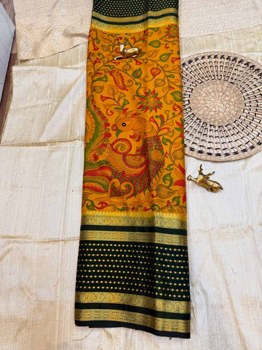 Semi Crepe Silk Saree with Floral and Peacock print | Yellow with Dark Green Border