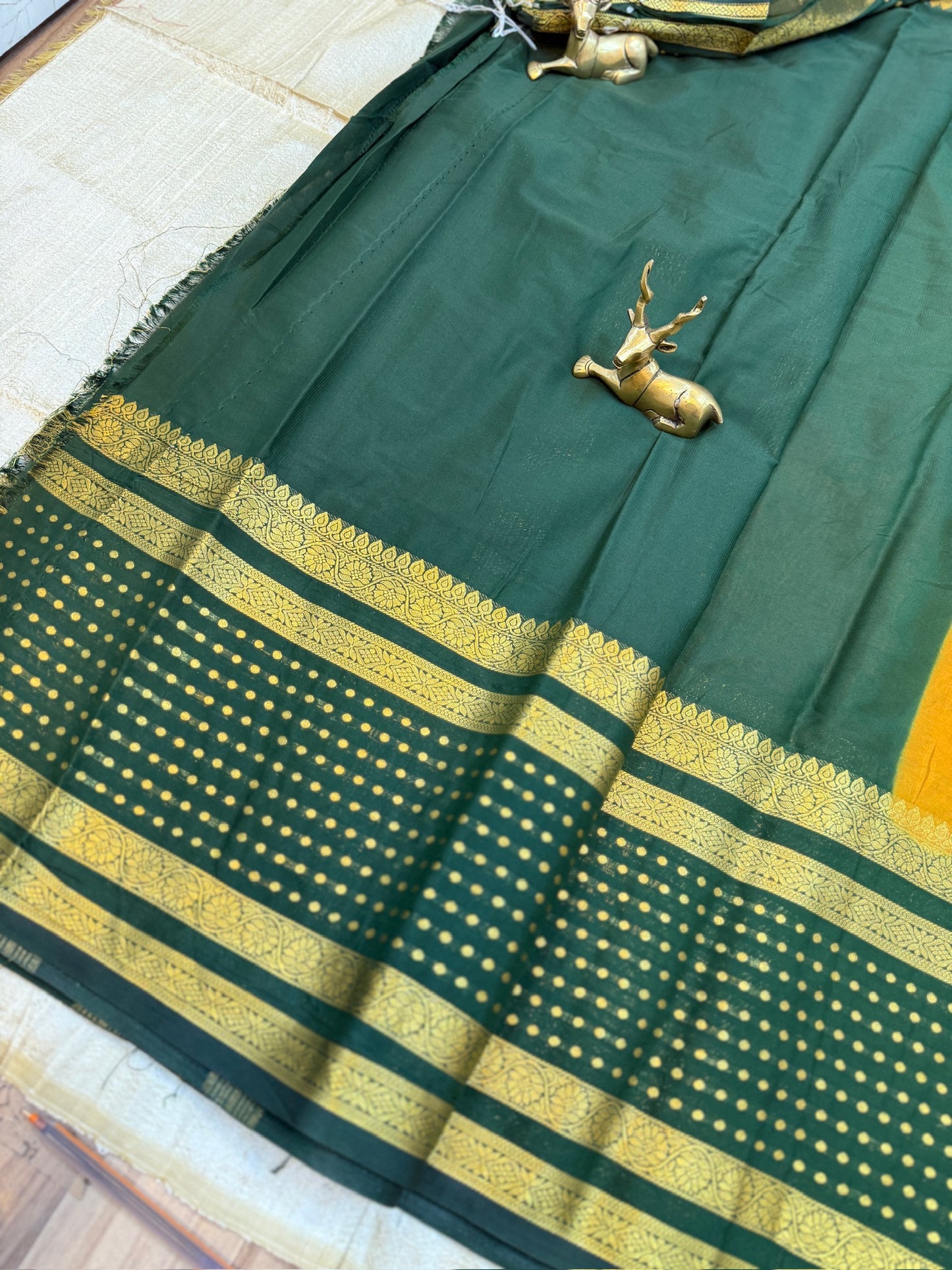 Semi Crepe Silk Saree with Floral and Peacock print | Yellow with Dark Green Border