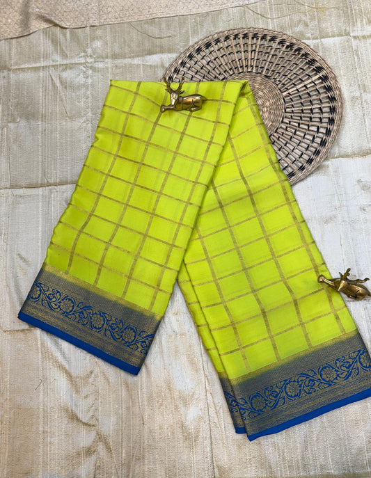 Pure Crepe Mysore Silk Saree with Checks and Floral Border | Yellow with Blue Border