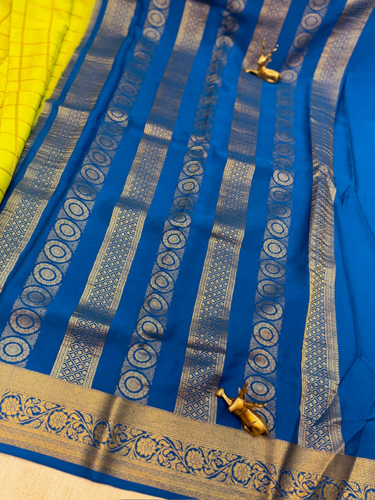 Pure Crepe Mysore Silk Saree with Checks and Floral Border | Yellow with Blue Border