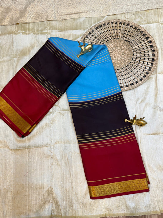 Pure Mysore Silk Saree with Bentex Border | Blue, Red and Black colours
