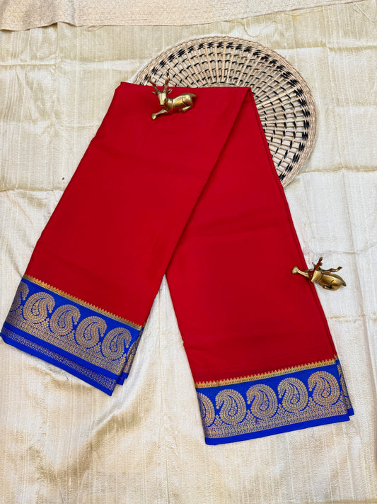 Pure Crepe Mysore Silk Saree with Mango Border | Red with Blue border
