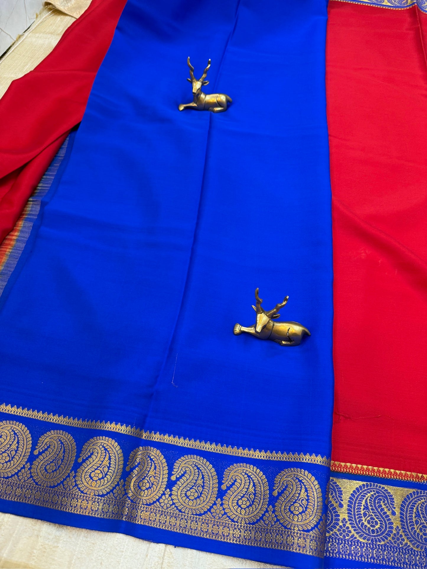 Pure Crepe Mysore Silk Saree with Mango Border | Red with Blue border