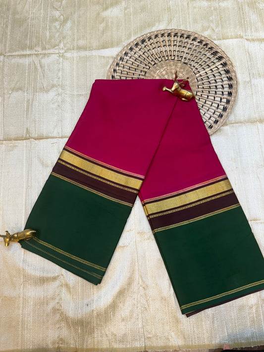 Pure Crepe Mysore Silk Saree with Bentex Border | Pink with Green Border