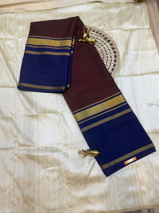 Pure Crepe Mysore Silk Saree 3D with Bentex Border | Brown with Navy Blue Border