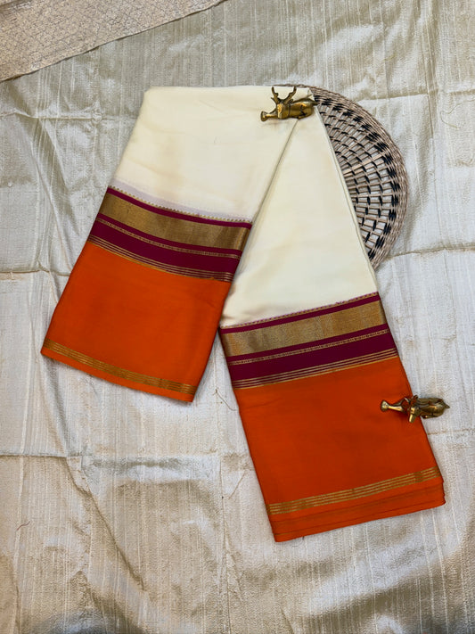 Pure Crepe Mysore Silk Saree with Bentex Border | Cream with orange Border