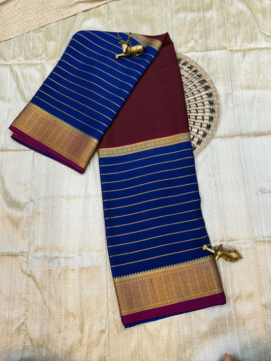 Pure Crepe Mysore Silk Saree Salari 3D (Weaving Mistake) | Brown with Royal Blue
