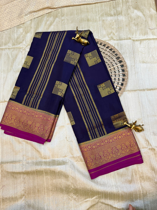 Pure Crepe Mysore Silk Saree with Box Butta | Navy Blue with Purple border