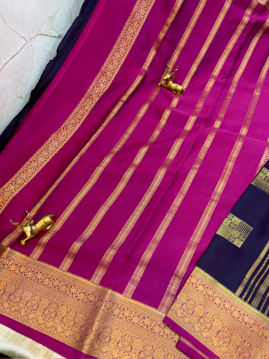 Pure Crepe Mysore Silk Saree with Box Butta | Navy Blue with Purple border