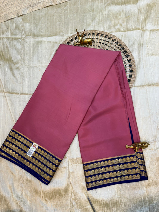 Pure Crepe Mysore Silk Saree | Pink with Navy Blue border