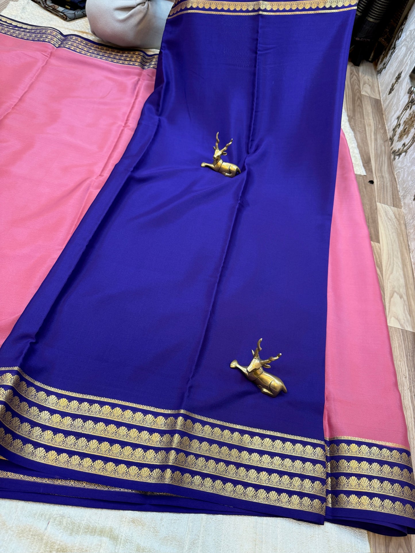 Pure Crepe Mysore Silk Saree | Pink with Navy Blue border