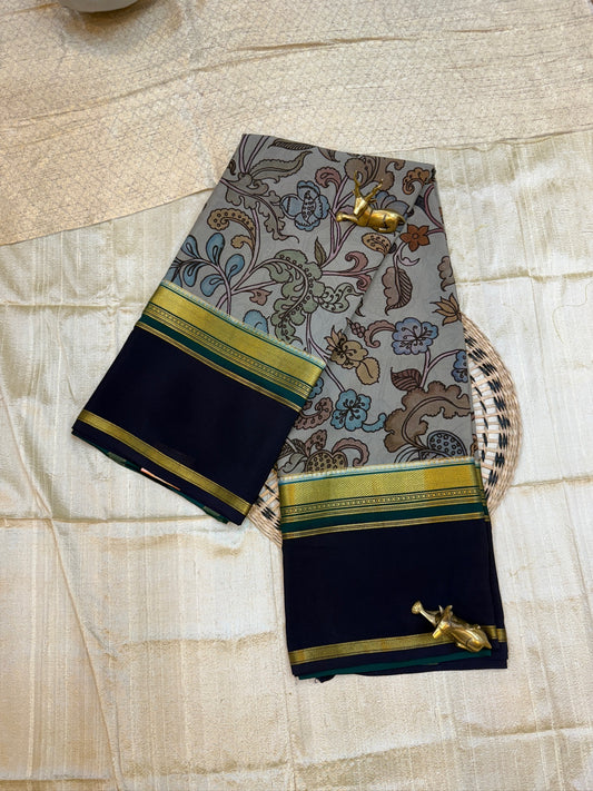 Pure Crepe Mysore Silk Saree with Digital Print | Grey with Blue Border