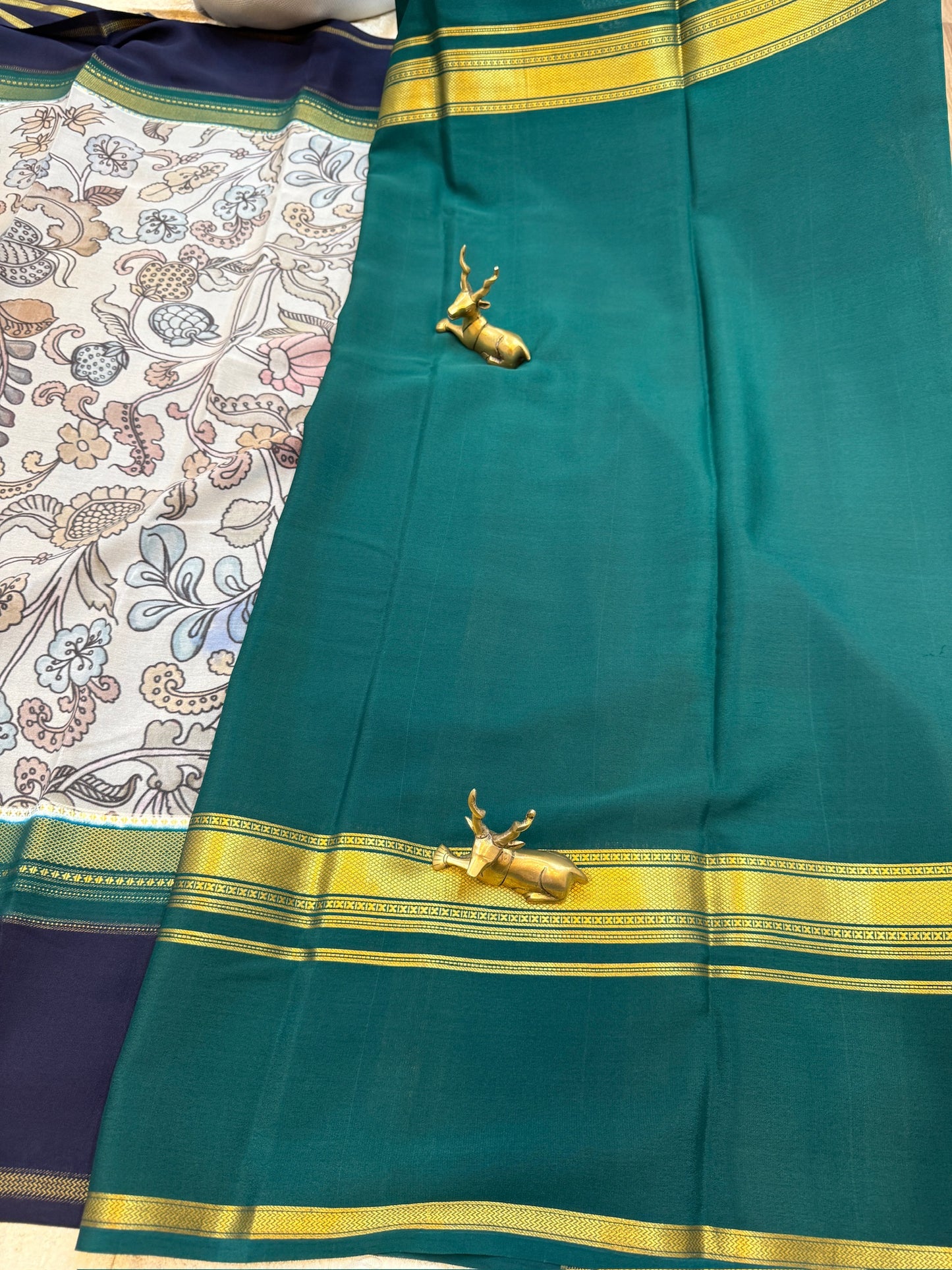 Pure Crepe Mysore Silk Saree with Digital Print | Grey with Blue Border
