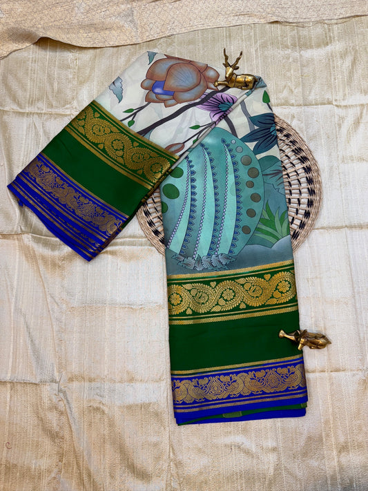Pure Crepe Mysore Silk Saree with Floral Print | Green and Blue Border