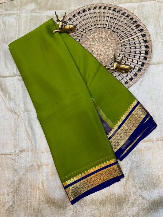 Pure Crepe Mysore Silk Saree | Green with Navy Border