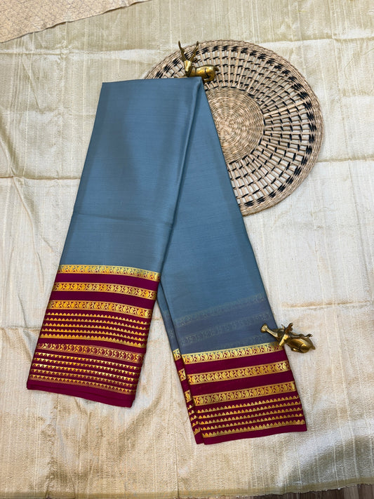 Pure Crepe Mysore Silk Saree with Bentex border | Blue with Pink border