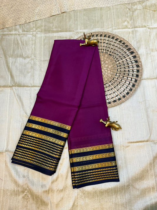 Pure Crepe Mysore Silk Saree with Bentex border | Purple with Navy Border