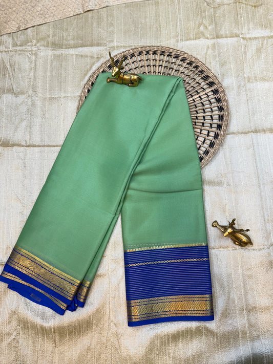 Pure Crepe Mysore Silk Saree | Pista Green with Royal Blue Border