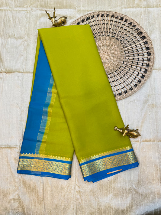 Pure Crepe Mysore Silk Saree | Green with Blue Border
