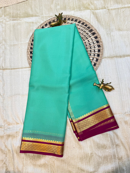 Pure Crepe Mysore Silk Saree | Cyan with Pink border