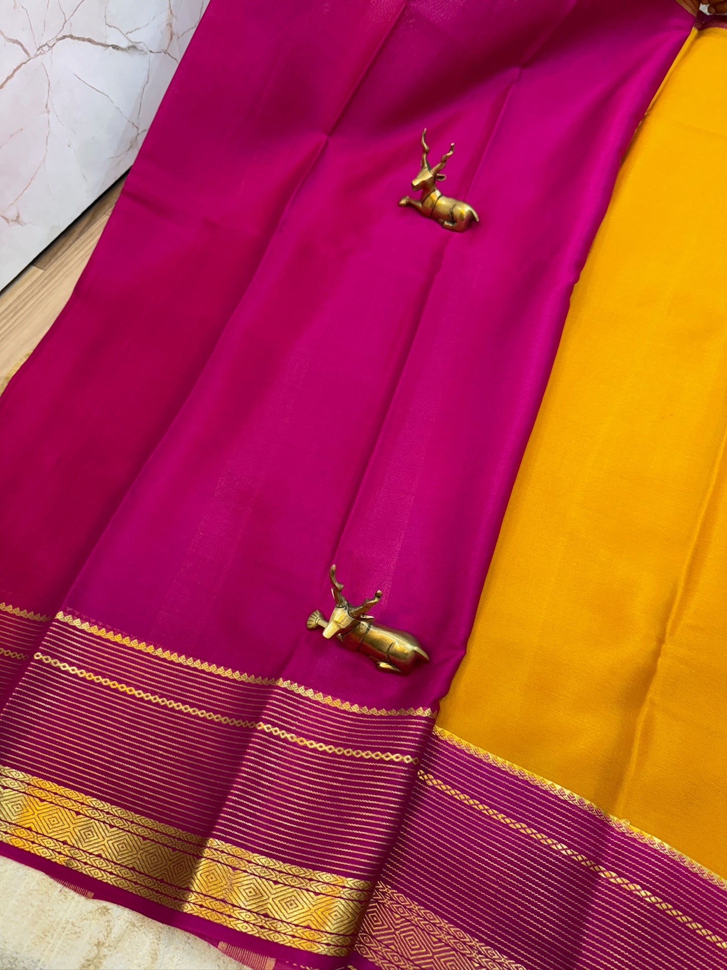 Pure Crepe Mysore Silk Saree | Orange with Pink Border