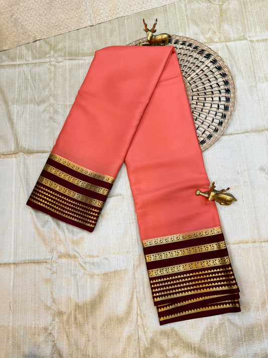 Pure Crepe Mysore Silk Saree | Salmon pink with Maroon Border