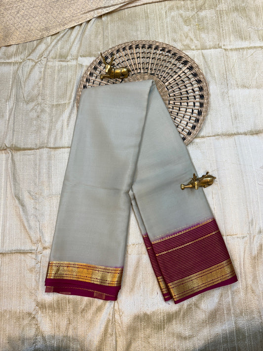 Pure Crepe Mysore Silk Saree | Grey with Pink Border