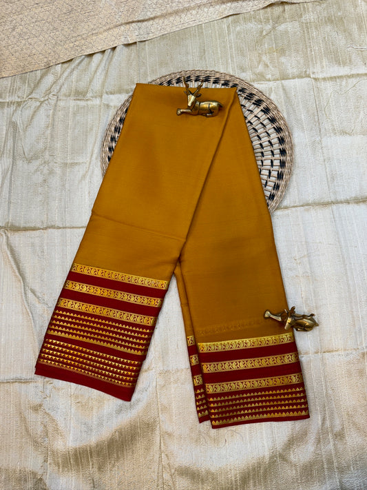 Pure Crepe Mysore Silk Saree with Bentex border | Orange with Red Border