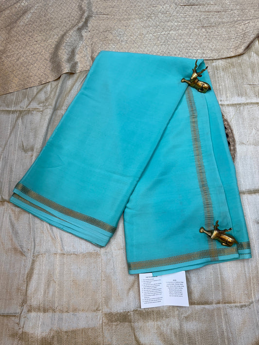 Pure Crepe 120GSM Mysore Silk Saree with 100% PURE ZARI BORDER Hallmark Certified | Cyan