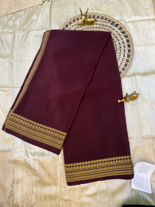 Pure Crepe 120GSM Mysore Silk Saree with 100% PURE ZARI BORDER Hallmark Certified  | Brown