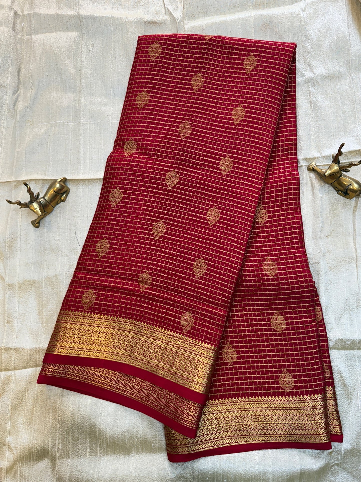 Pure Crepe Mysore Silk Saree | Checks design | Red