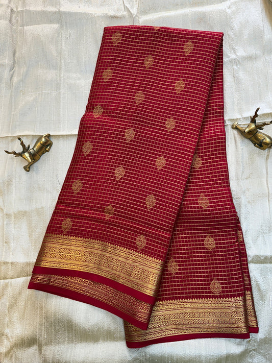 Pure Crepe Mysore Silk Saree | Checks design | Red